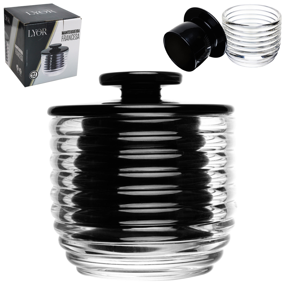 MANTEIGUEIRA FRANCESA DE VIDRO REDONDA COLMEIA COM TAMPA PRETA 8X9,5CM DE Ø