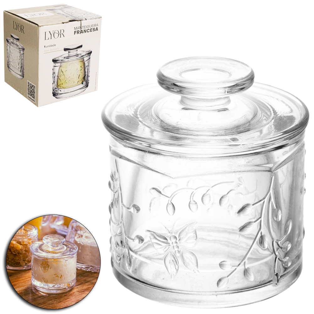 MANTEIGUEIRA FRANCESA DE VIDRO REDONDA NEW BUTTERFLY COM TAMPA 9,8X9CM DE Ø