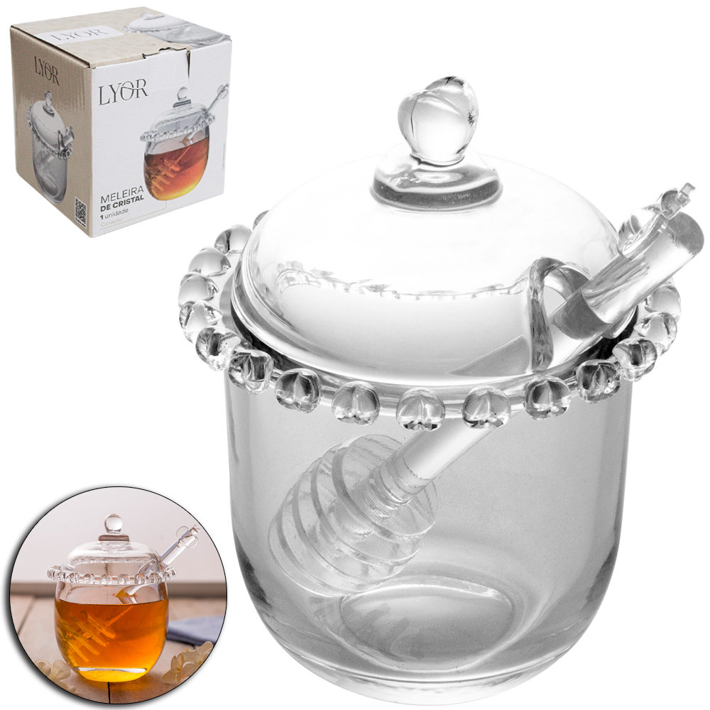PORTA MEL / MELEIRA DE VIDRO CRISTAL COM TAMPA CORACAO + PEGADOR DE ACRILICO 210ML 12X9,5CM DE Ø