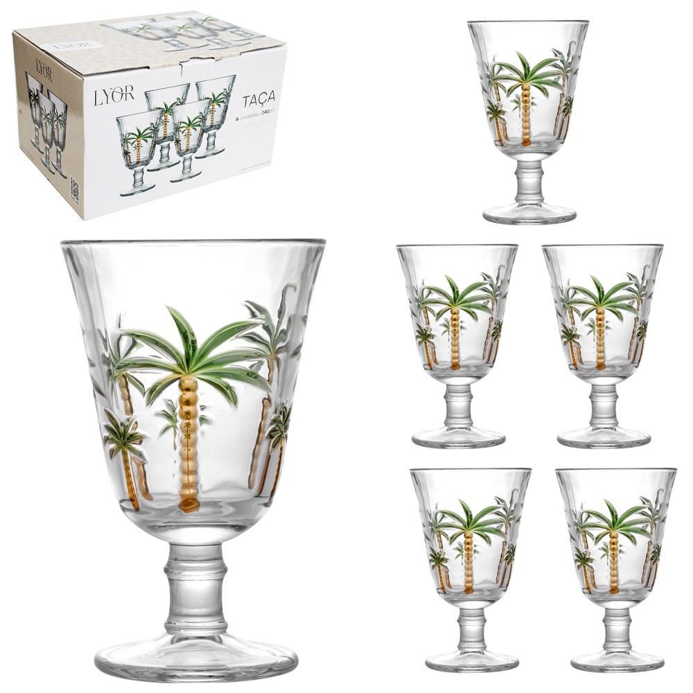 JOGO DE TACA DE VIDRO PARA AGUA / VINHO PALM HAND PAINTING COM 6 PECAS 240ML