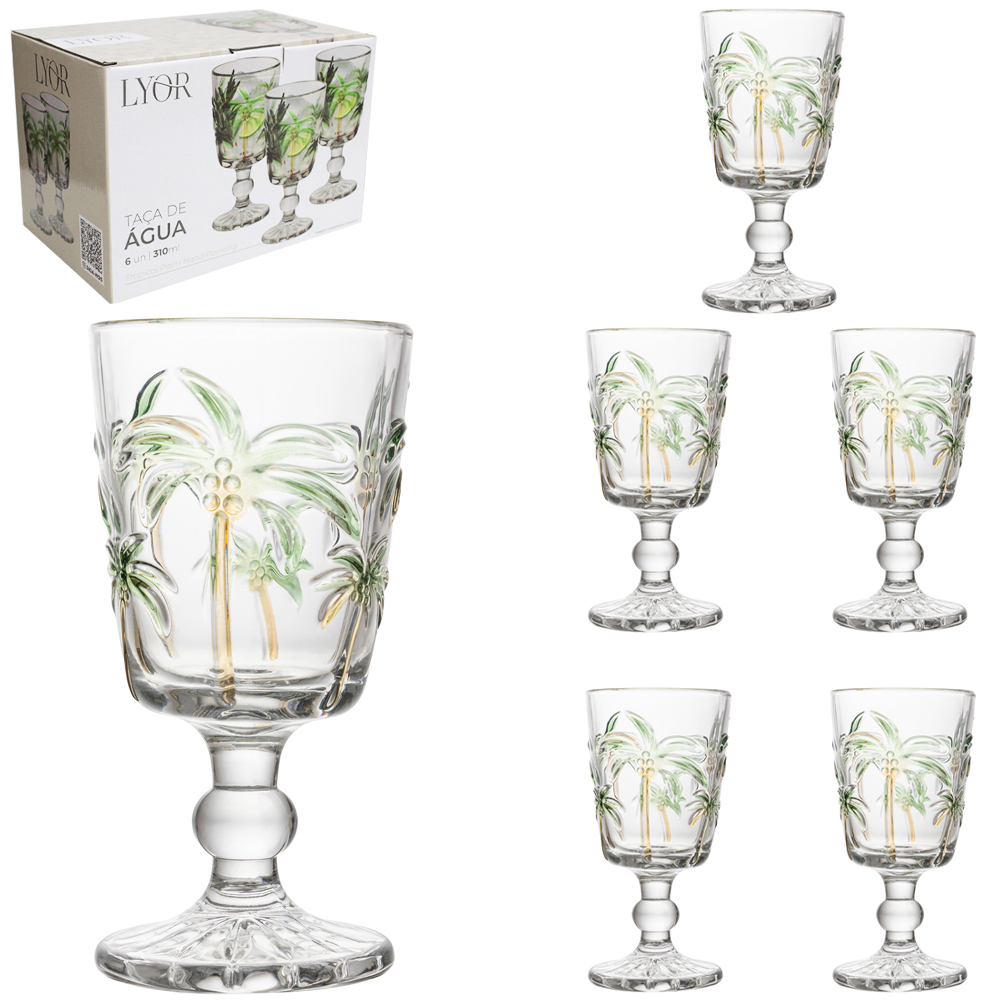 JOGO DE TACA DE VIDRO PARA AGUA / VINHO TROPICAL PALM HAND PAINTING COM 6 PECAS 310ML