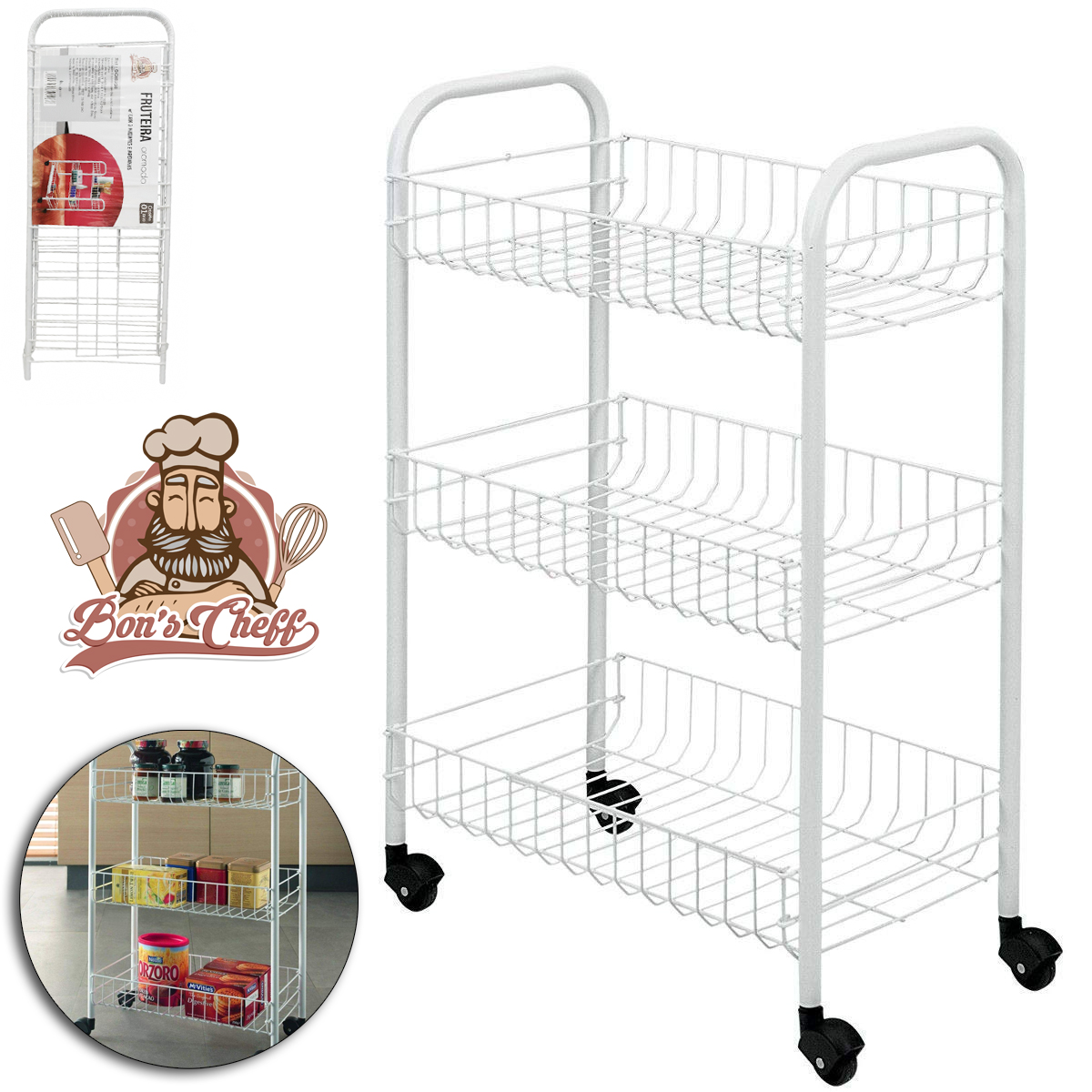 FRUTEIRA DE PISO ARAMADO 3 ANDARES COM RODIZIO BRANCO 63X36,5X24CM BONS CHEFF