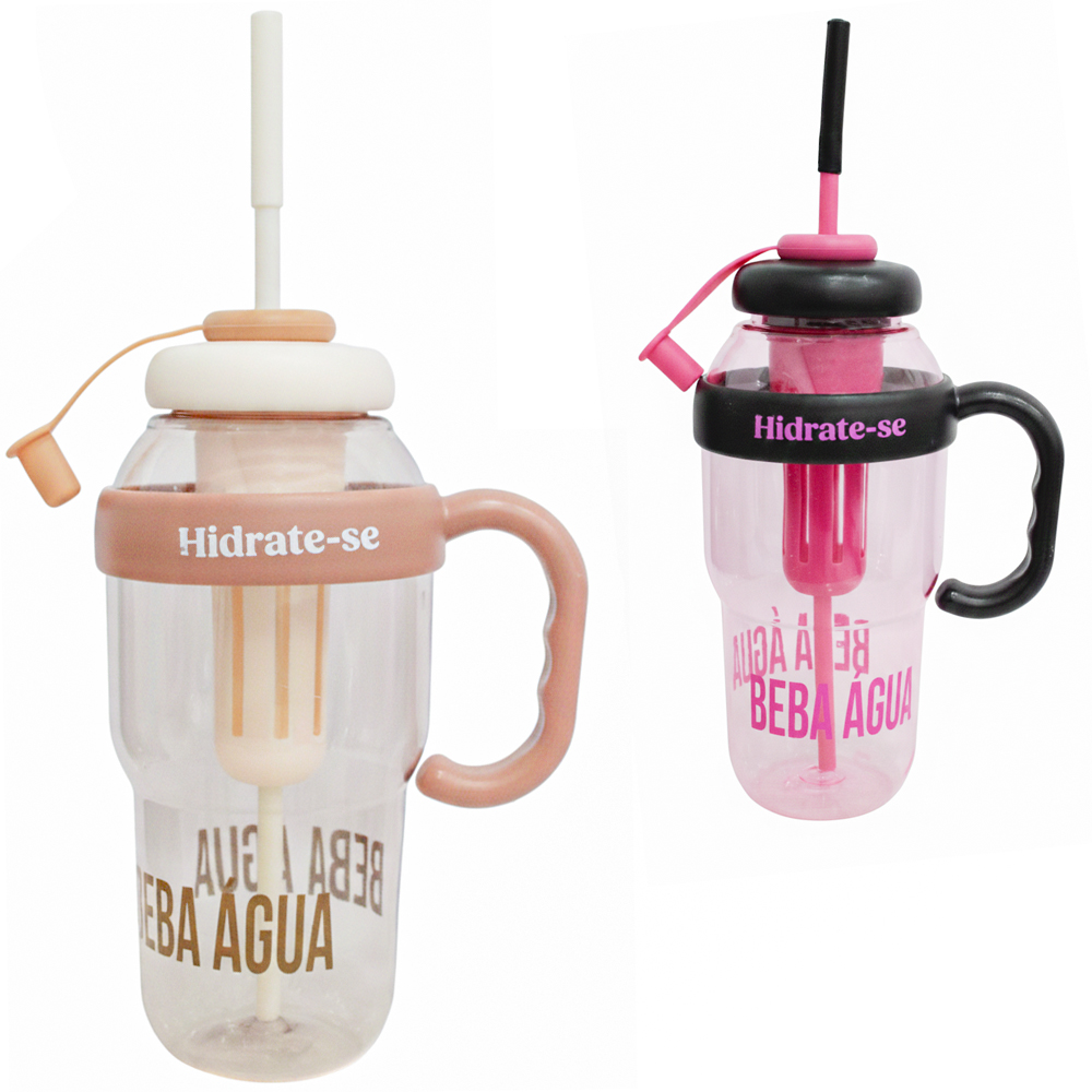 COPO COM TAMPA + ALCA + CANUDO E INFUSOR DE PLASTICO HIDRATE-SE BEBA AGUA 1300ML
