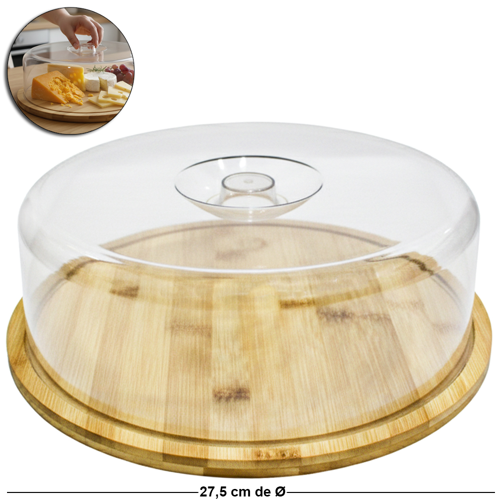 BOLEIRA DE BAMBU COM TAMPA DE ACRILICO 10X27,5CM DE Ø