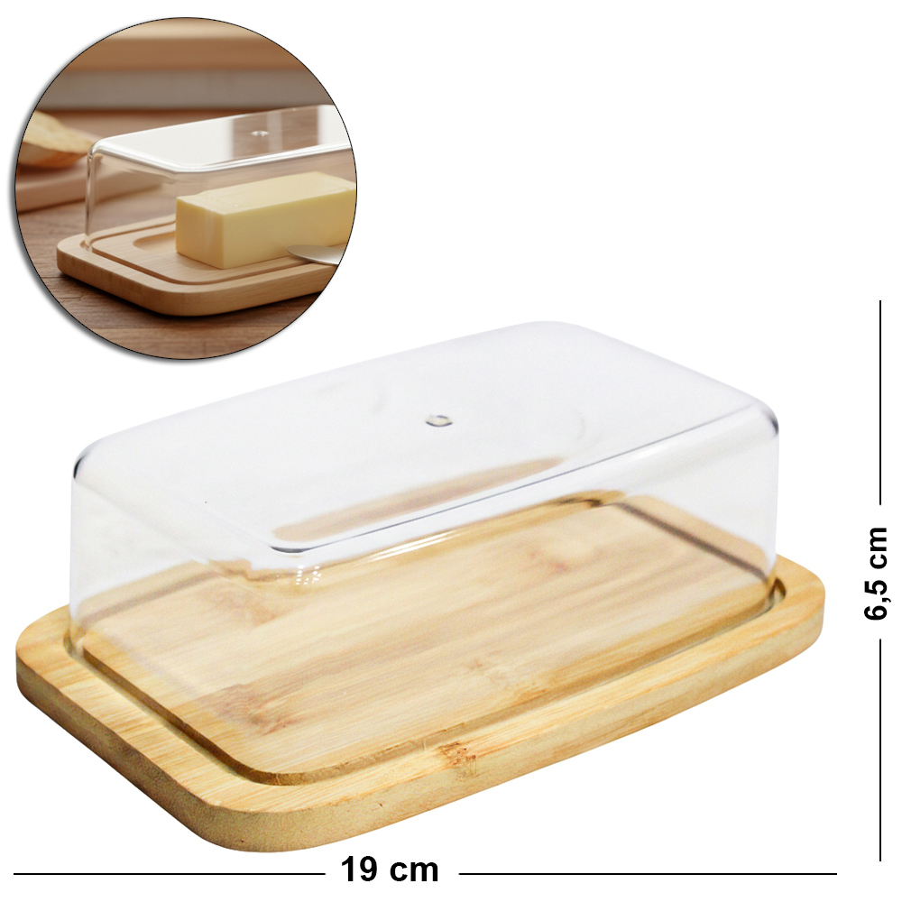MANTEIGUEIRA RETANGULAR DE BAMBU COM TAMPA DE ACRILICO 19X12,5X6,5CM
