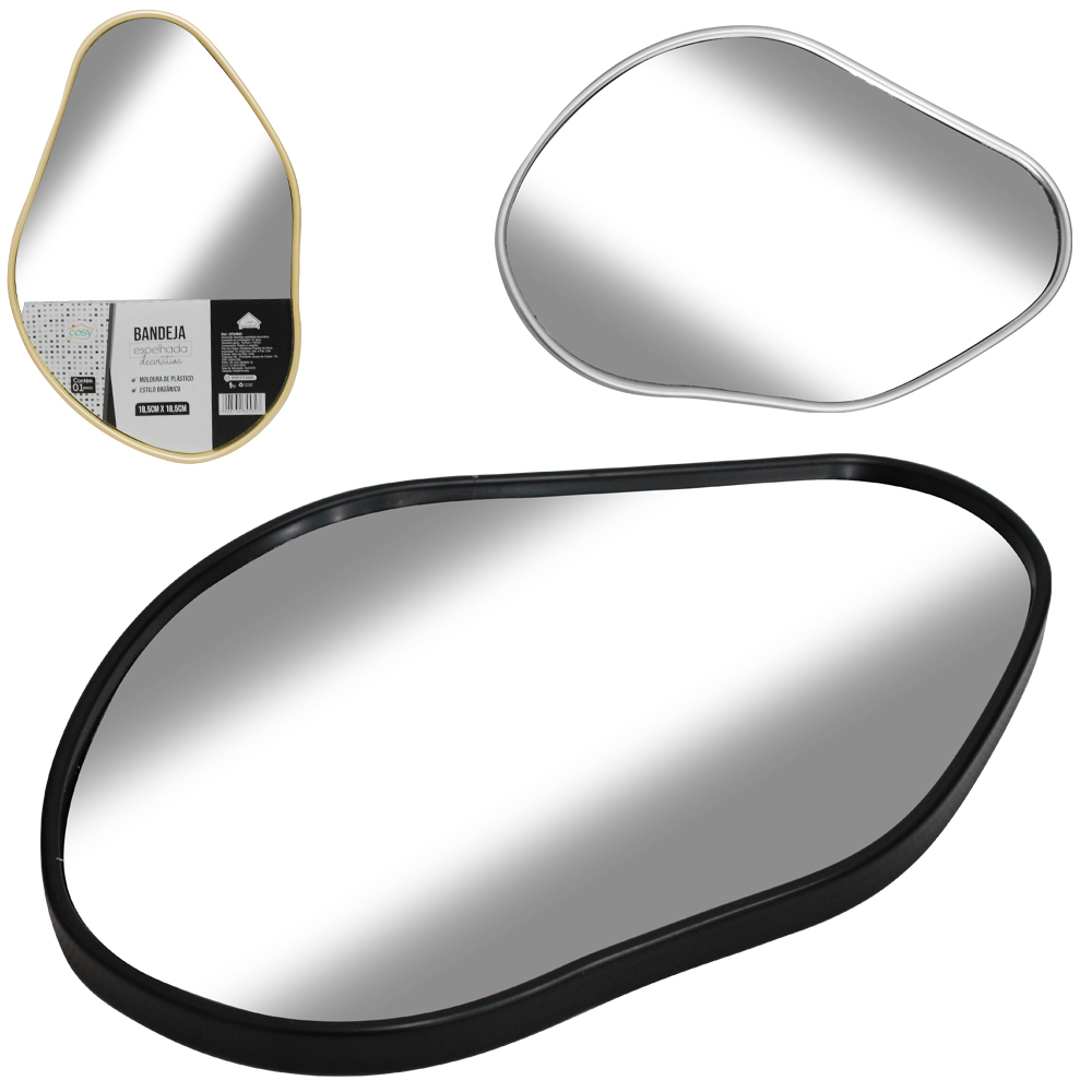 BANDEJA DE PLASTICO COM ESPELHO DECORATIVA 18,5X18,5CM