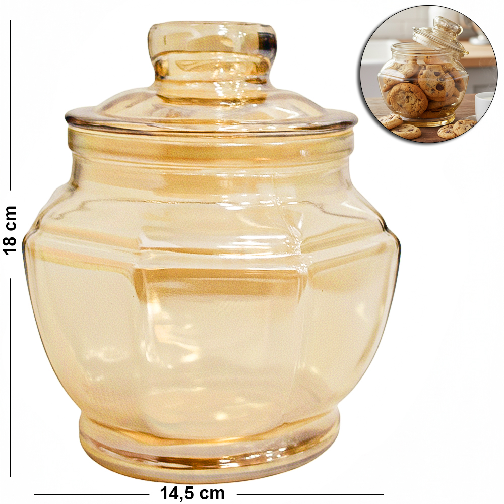 POTE DE VIDRO AMBAR OITAVADO COM TAMPA HERMETICA DE VIDRO 1,2L