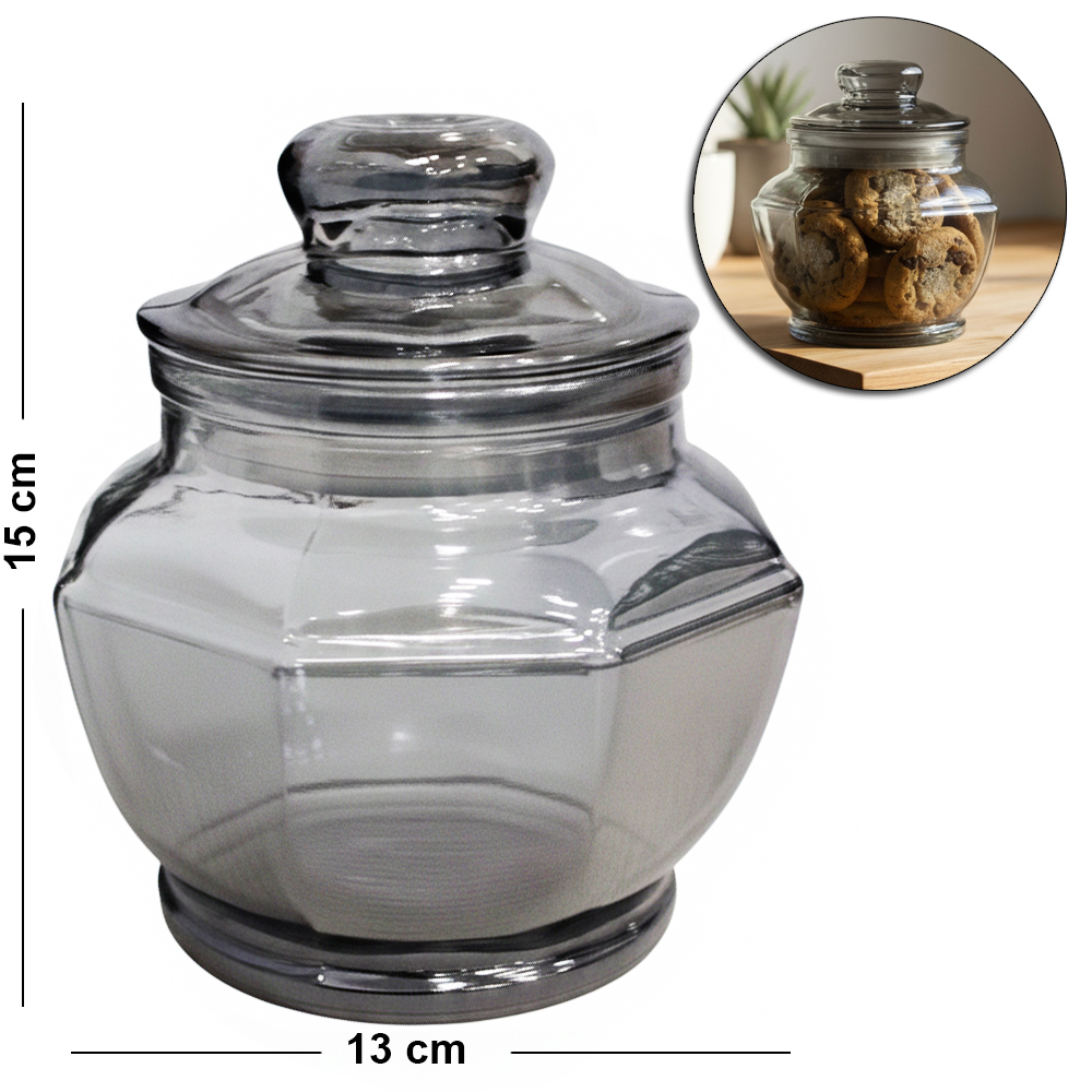 POTE DE VIDRO FUME OITAVADO COM TAMPA HERMETICA DE VIDRO 800ML