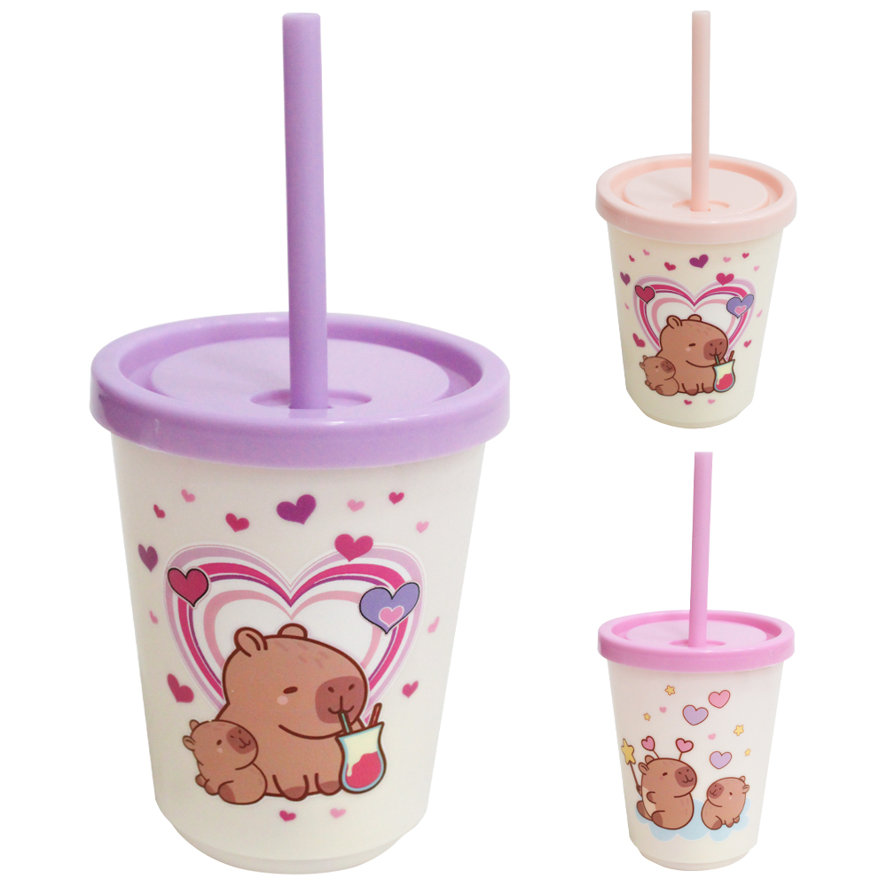 COPO COM TAMPA E CANUDO DE PLASTICO CAPIVARA 300ML