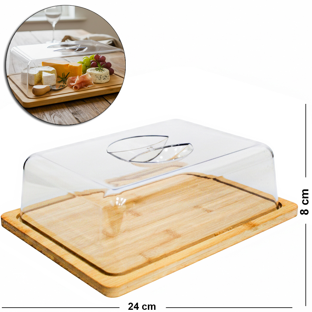 PORTA FRIOS DE BAMBU RETANGULAR COM TAMPA ACRILICO 24X18,5X8CM