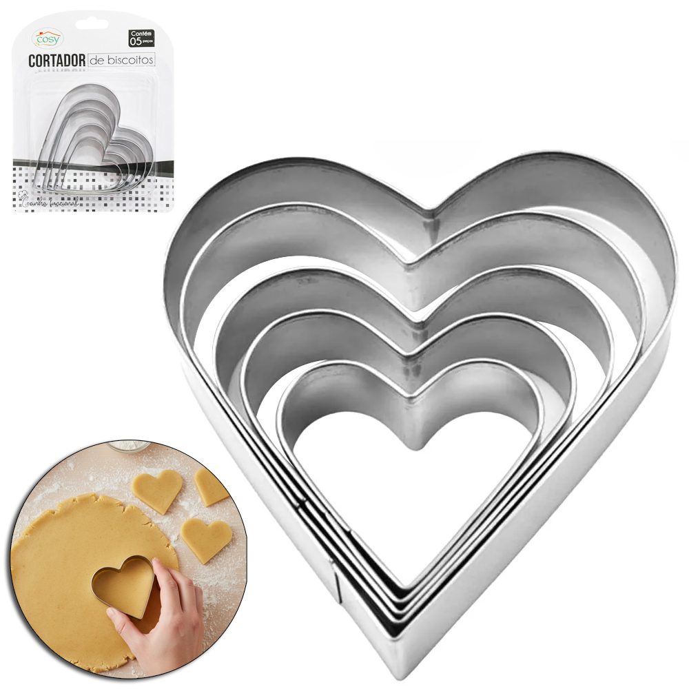 CORTADOR MOLDE DE INOX PARA BISCOITO CORACAO COM 5 PECAS