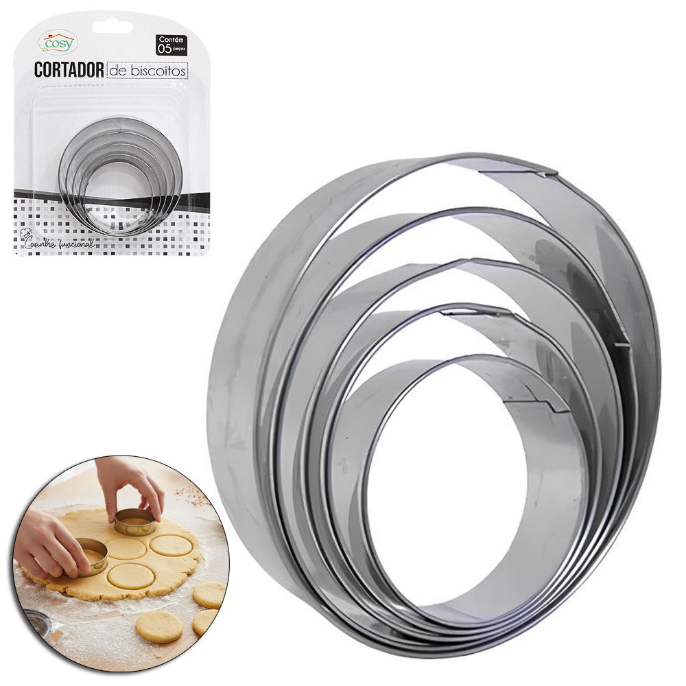 CORTADOR MOLDE DE INOX PARA BISCOITO REDONDO COM 5 PECAS