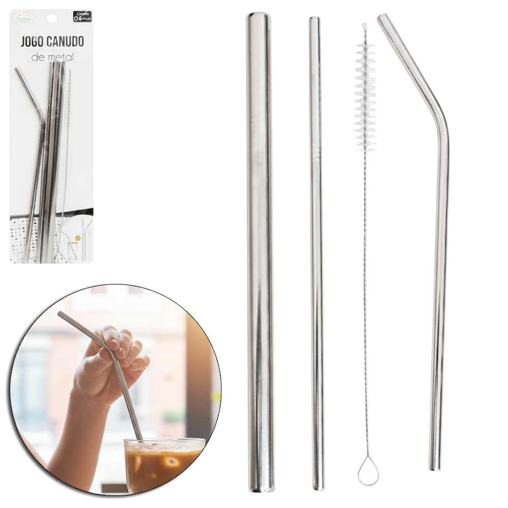 CANUDO PARA MILK SHAKE RETO / CURVADO REUTILIZAVEL DE INOX COM 3 PECAS + ESCOVA HIGIENICA