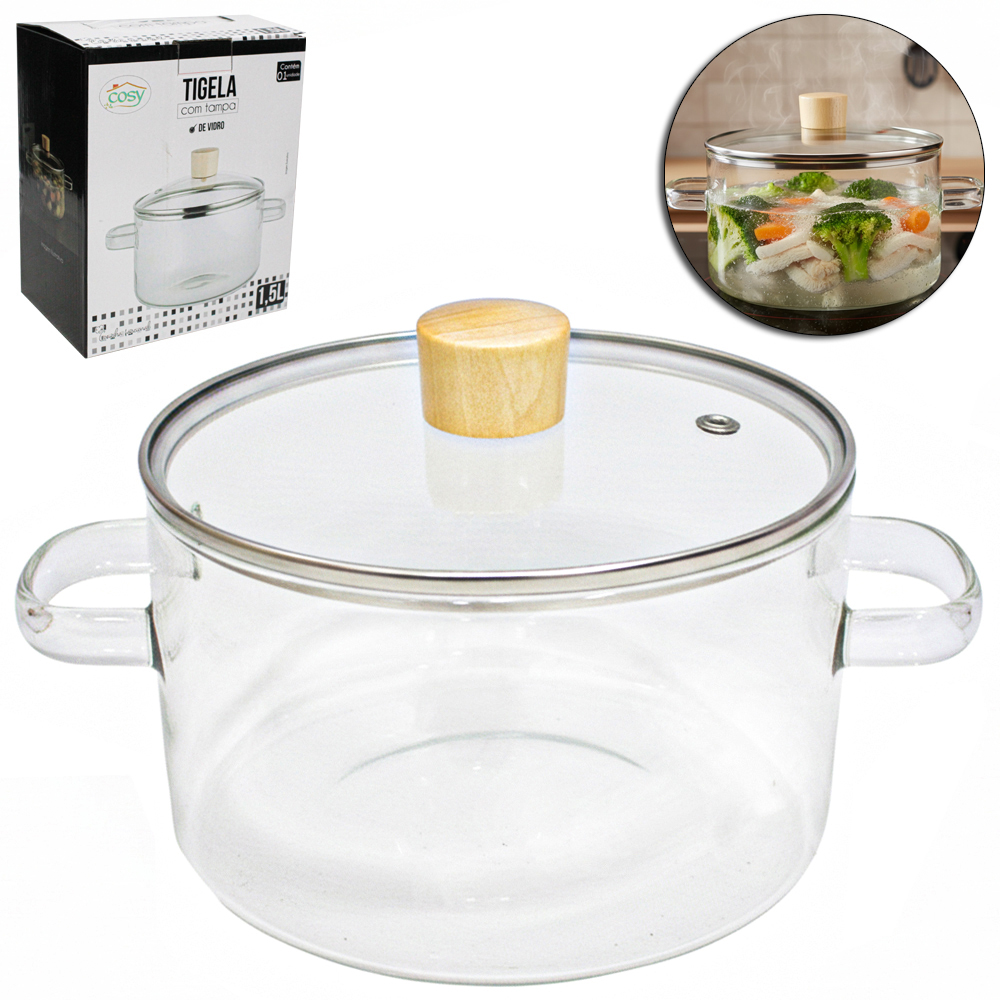 TIGELA CACAROLA DE VIDRO LISA COM TAMPA 1,5L