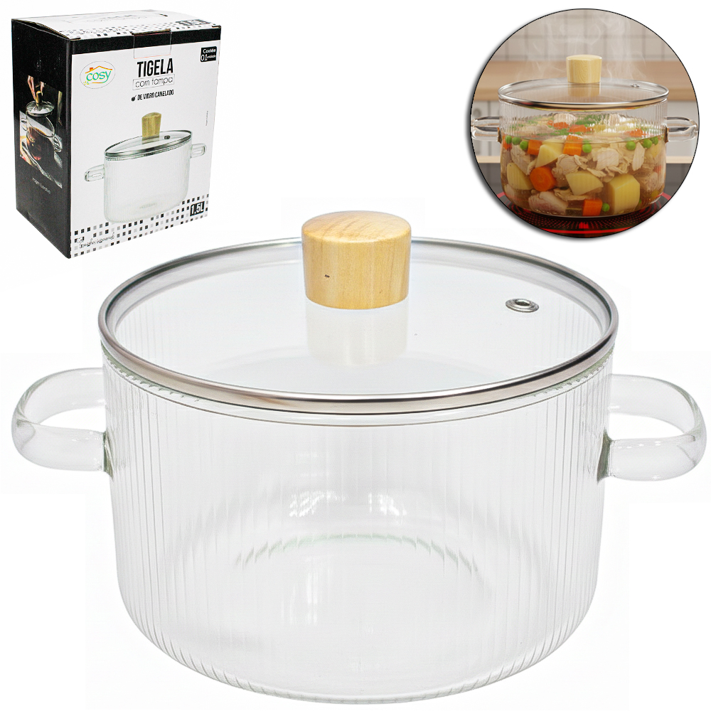 TIGELA CACAROLA DE VIDRO CANELADA COM TAMPA 1,5L