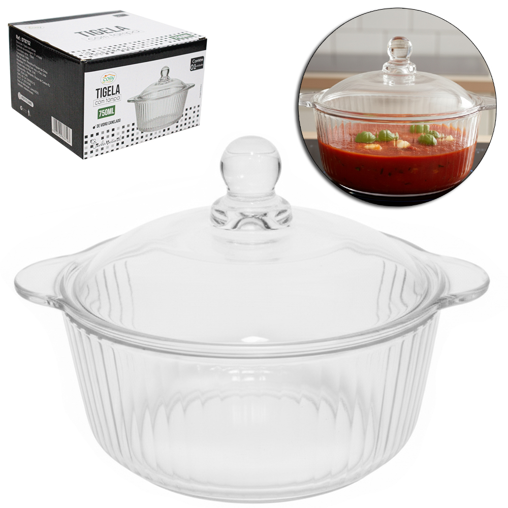 TIGELA DE VIDRO CANELADA COM TAMPA 750ML