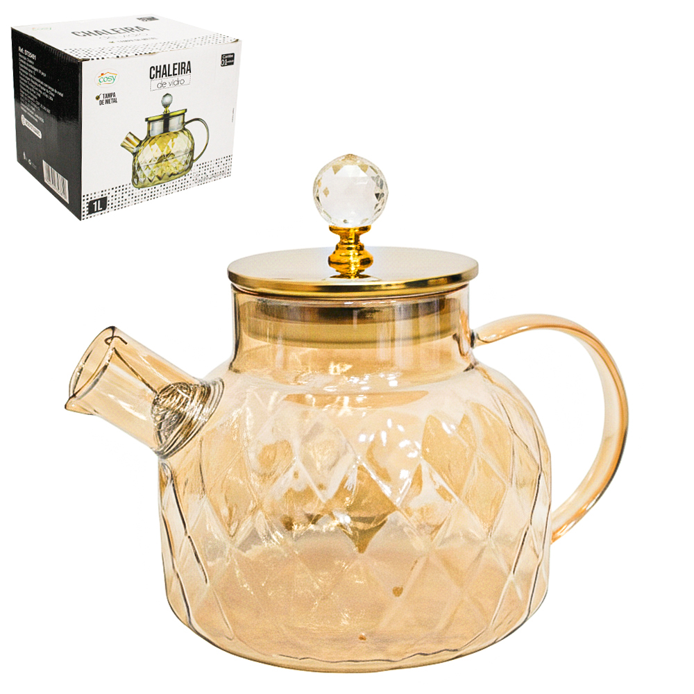 CHALEIRA DE VIDRO AMBAR E TAMPA METAL POMEL DE CRISTAL 1L