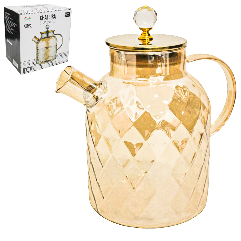 CHALEIRA DE VIDRO AMBAR E TAMPA METAL POMEL DE CRISTAL 1,8L