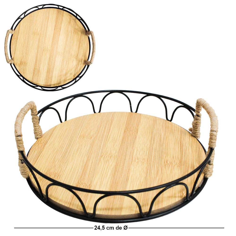BANDEJA ARAMADO / MADEIRA MDF REDONDA DECORATIVA COM ALCA DE CORDA BLACK / WHITE DECOR 6,5X24,5CM DE Ø