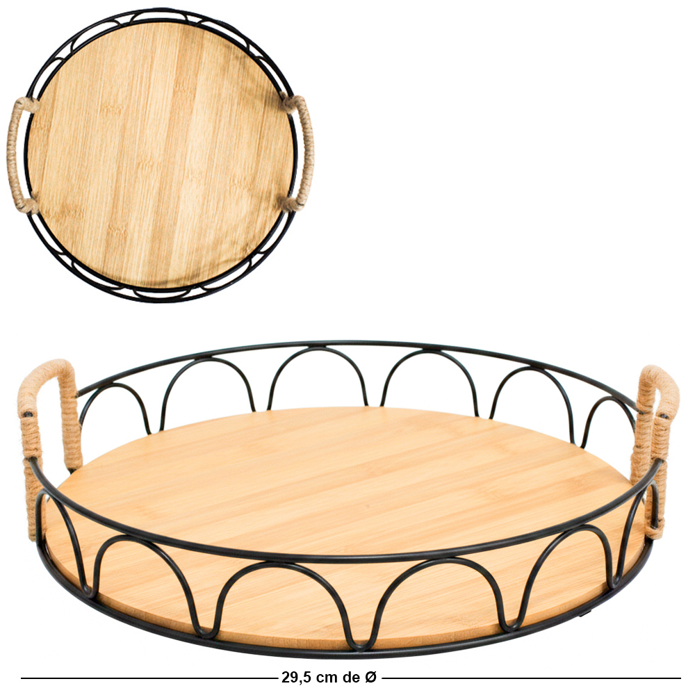 BANDEJA ARAMADO / MADEIRA MDF REDONDA DECORATIVA COM ALCA DE CORDA BLACK / WHITE DECOR 6,5X29,5CM DE Ø