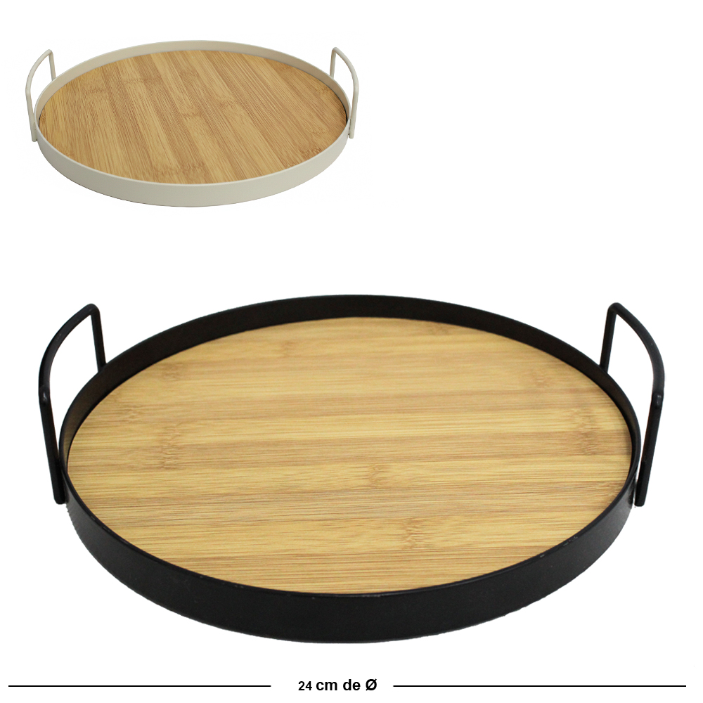 BANDEJA ARAMADO / MADEIRA MDF REDONDA DECORATIVA COM ALCA BLACK / WHITE DECOR 5X24CM DE Ø
