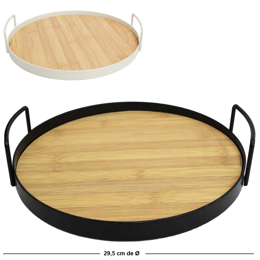 BANDEJA ARAMADO / MADEIRA MDF REDONDA DECORATIVA COM ALCA BLACK / WHITE DECOR 5X29,5CM DE Ø