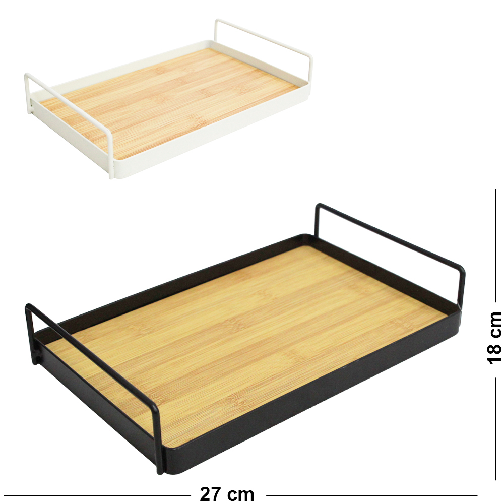 BANDEJA ARAMADO / MADEIRA MDF RETANGULAR DECORATIVA COM ALCA BLACK / WHITE DECOR 27X18X5CM