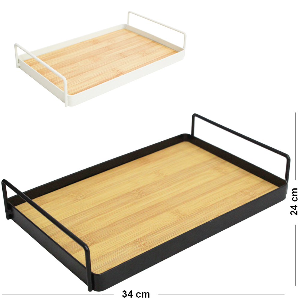 BANDEJA ARAMADO / MADEIRA MDF RETANGULAR DECORATIVA COM ALCA BLACK / WHITE DECOR 34X24X5CM