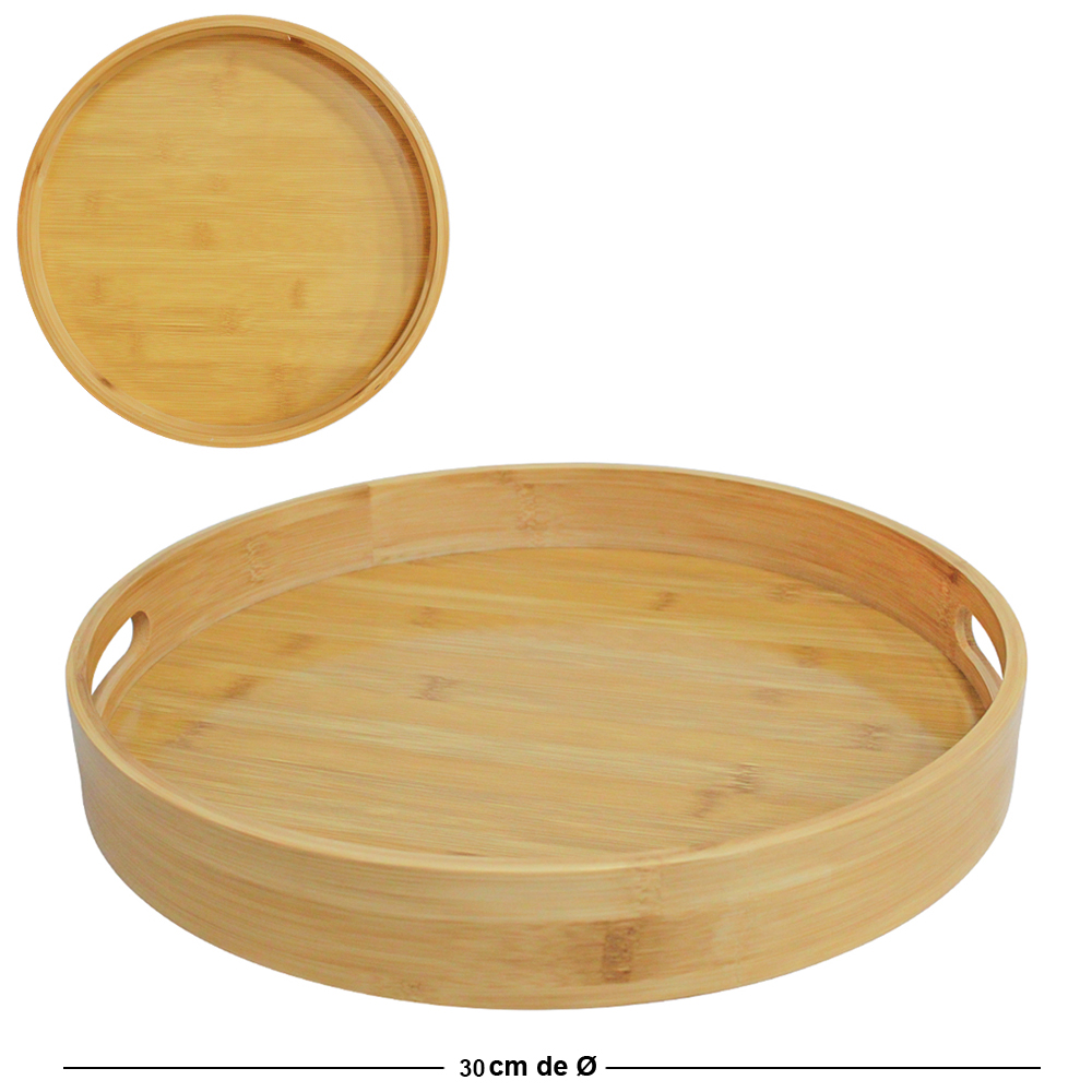 BANDEJA DE BAMBU E MDF REDONDA DECORATIVA COM ALCA DECOR 3,8X30CM DE Ø