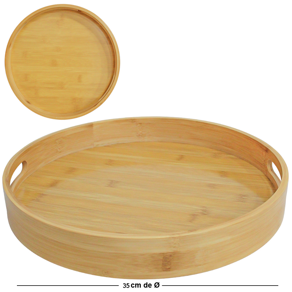 BANDEJA DE BAMBU E MDF REDONDA DECORATIVA COM ALCA DECOR 4,8X35CM DE Ø