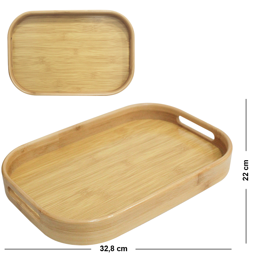 BANDEJA DE BAMBU E MDF RETANGULAR DECORATIVA COM ALCA DECOR 32,8X22X3,8CM