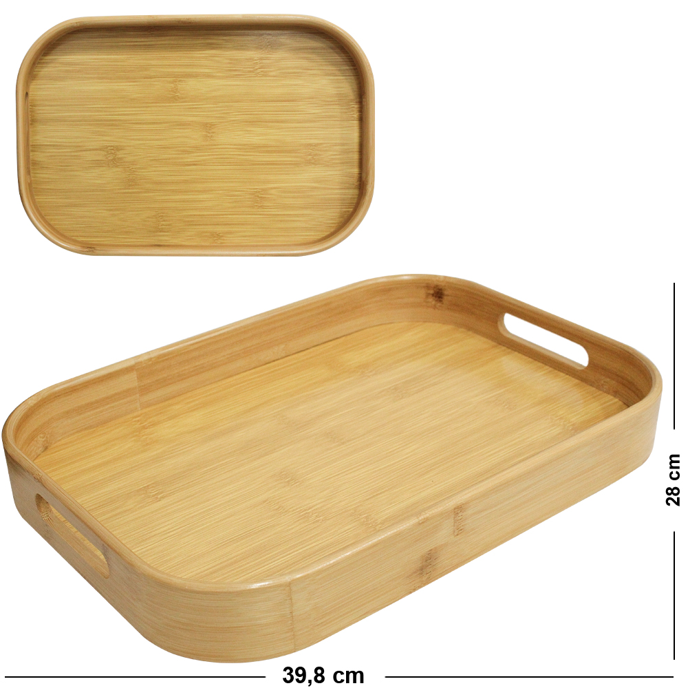 BANDEJA DE BAMBU E MDF RETANGULAR DECORATIVA COM ALCA DECOR 39,8X28X4,8CM