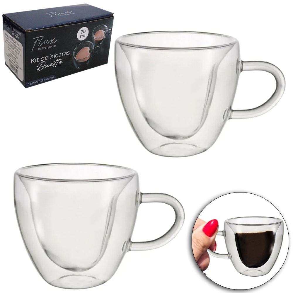JOGO DE CANECA XICARA VIDRO BOROSSILICATO PAREDE DUPLA BISTRO CORACAO PARA CAFE / CAPPUCCINO DUETTO FLUX 2 PECAS