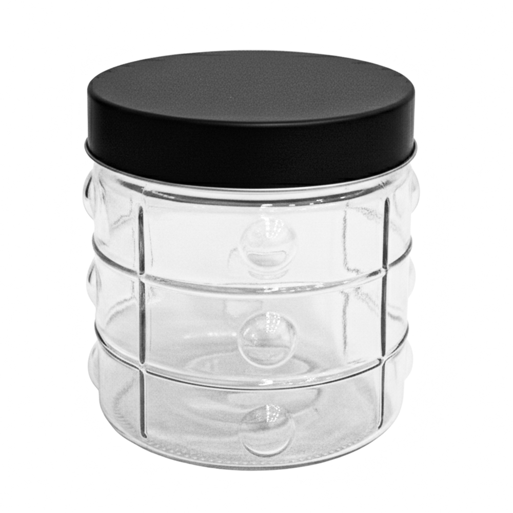 POTE DE VIDRO REDONDO QUADRICULADO COM TAMPA DE METAL BLACK 800ML