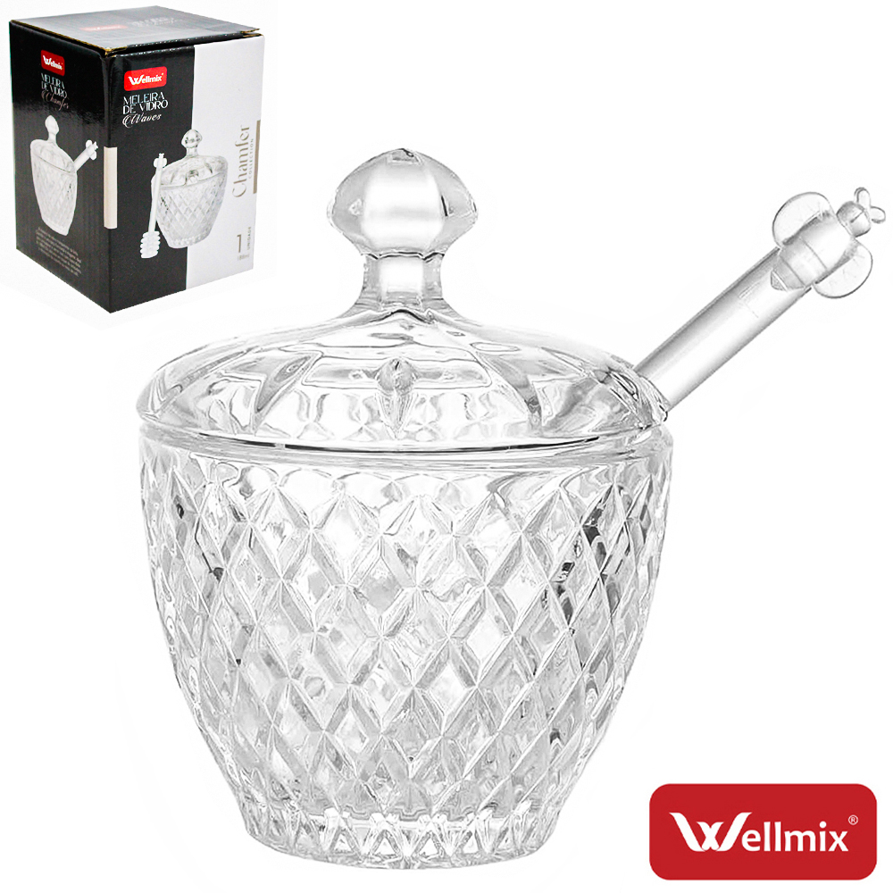 PORTA MEL / MELEIRA DE VIDRO COM TAMPA + PEGADOR DE ACRILICO WAVES CHAMFER COLLECTION TRANSPARENTE 188ML