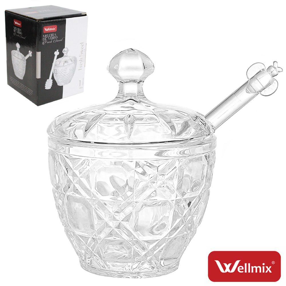 PORTA MEL / MELEIRA DE VIDRO COM TAMPA + PEGADOR DE ACRILICO FRESH SWEET COLLECTION TRANSPARENTE 188ML