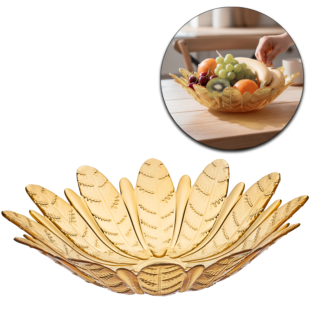 CENTRO DE MESA DE VIDRO REDONDO FOLHAS TRANSLUCIDO AMBAR 9X38CM DE Ø