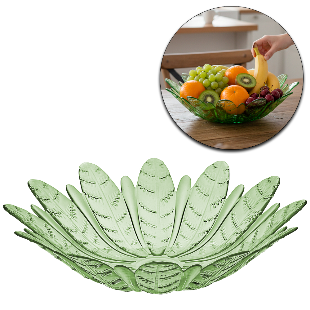 CENTRO DE MESA DE VIDRO REDONDO FOLHAS TRANSLUCIDO VERDE 9X38CM DE Ø