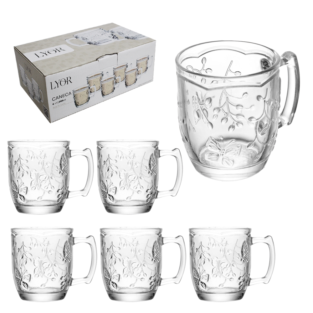 JOGO DE CANECA XICARA DE VIDRO PARA CAFE / CAPPUCCINO NEW BUTTERFLY COM 6 PECAS 200ML