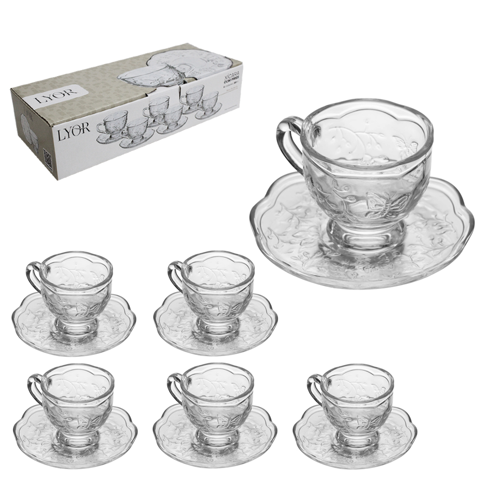 JOGO DE XICARA DE VIDRO CRISTAL COM PIRES PARA CAFE NEW BUTTERFLY 6 KITS (12 PECAS) 80ML