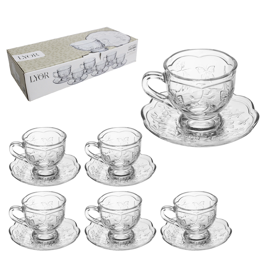 JOGO DE XICARA DE VIDRO CRISTAL COM PIRES PARA CHA NEW BUTTERFLY 6 KITS (12 PECAS) 180ML