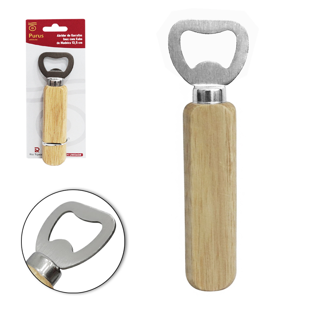 ABRIDOR DE GARRAFA DE INOX CABO MADEIRA 13,5CM 