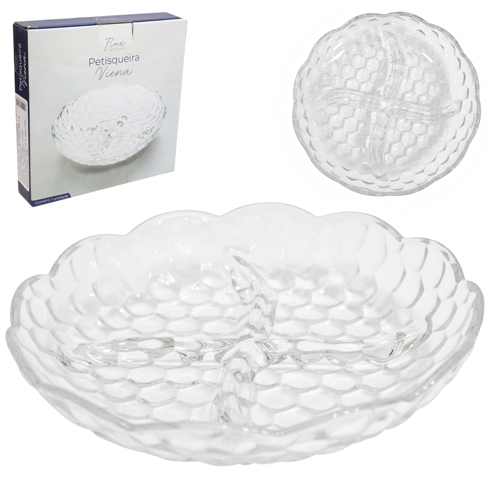 PETISQUEIRA DE VIDRO REDONDA COM 4 DIVISORIAS VIENA FLUX 18,3CM DE Ø