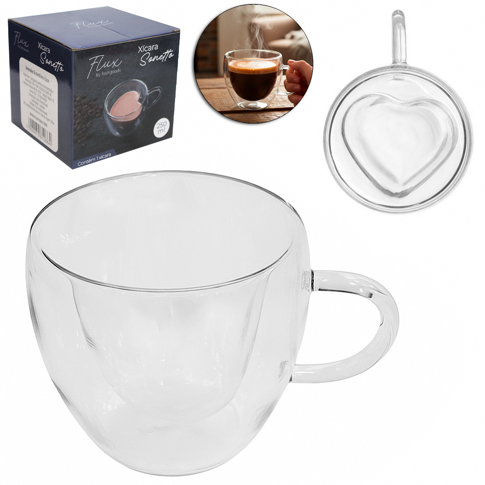 CANECA XICARA DE VIDRO BOROSSILICATO COM PAREDE DUPLA BISTRO CORACAO PARA CAFE / CAPPUCCINO SONETTO FLUX 250ML