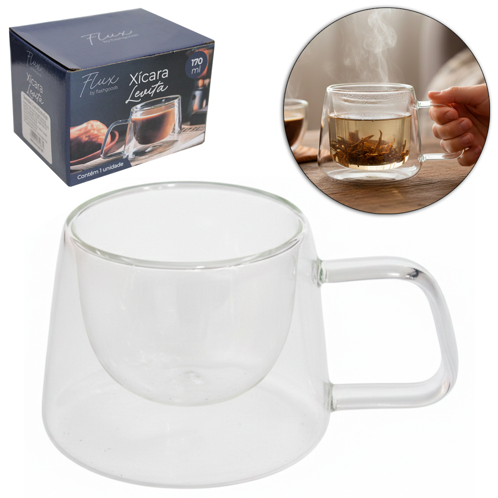 CANECA XICARA DE VIDRO BOROSSILICATO COM PAREDE DUPLA BISTRO PARA CAFE / CAPPUCCINO LEVITA FLUX 170ML