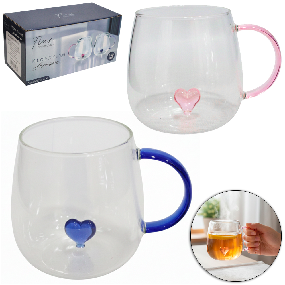 JOGO DE CANECA XICARA DE VIDRO BOROSSILICATO CORACAO AMORE FLUX COM 2 PECAS 430ML