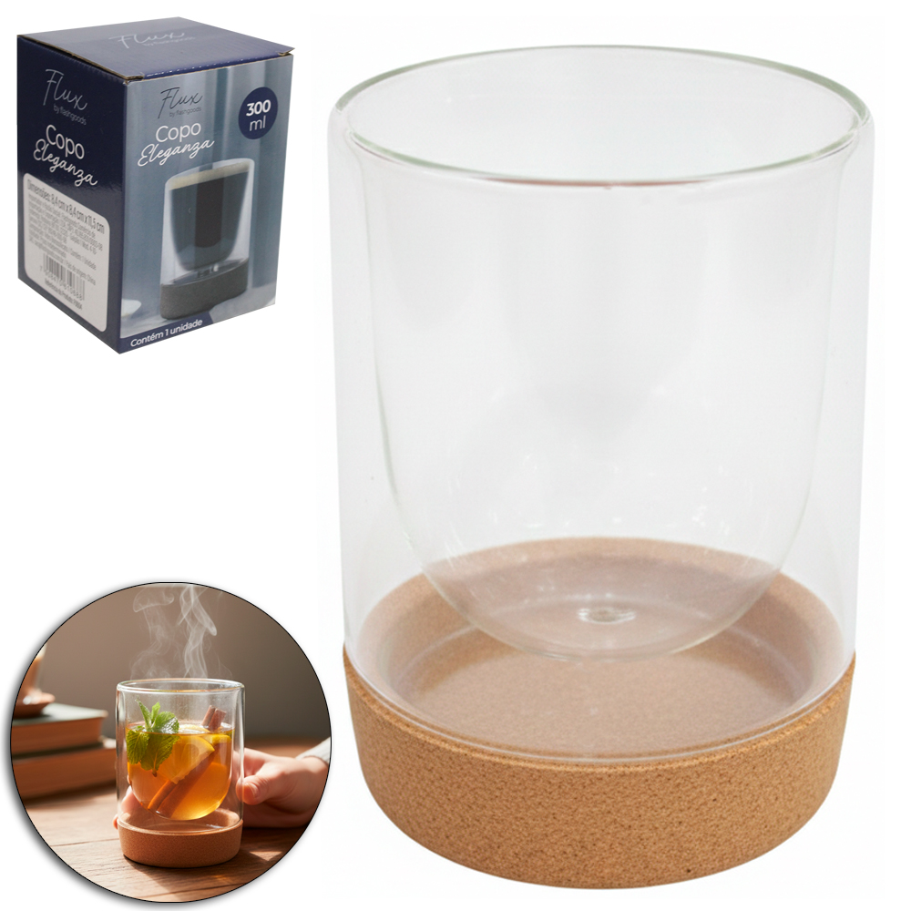 COPO DE VIDRO BOROSSILICATO COM PAREDE DUPLA BISTRO + BASE CORTICA ELEGANZA FLUX 300ML