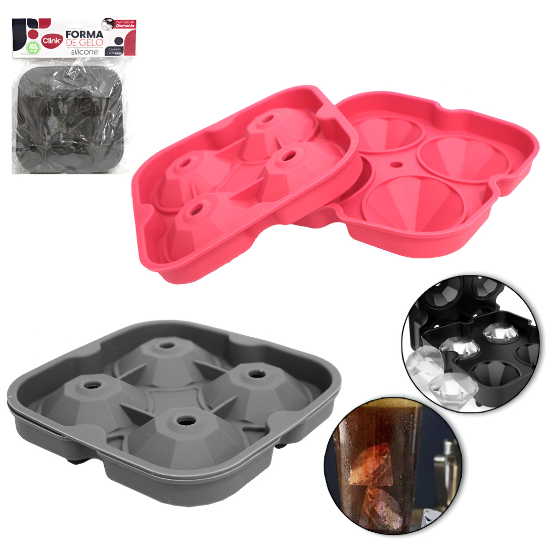FORMA DE GELO COM 4 CAVIDADES DIAMANTE DE SILICONE 12,7X12,7X3,8CM