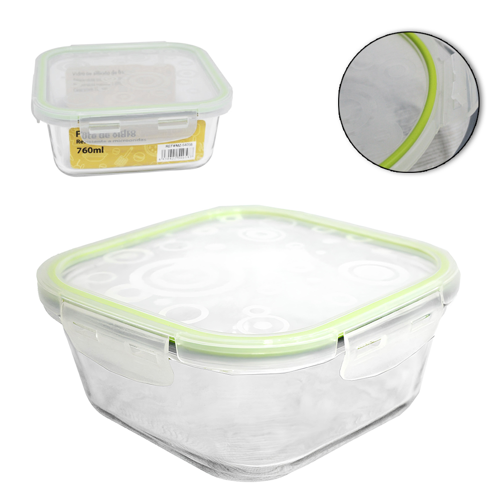 POTE DE VIDRO BOROSSILICATO QUADRADO COM TAMPA HERMETICA E TRAVA 760ML