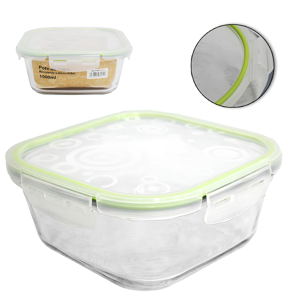 POTE DE VIDRO BOROSSILICATO QUADRADO COM TAMPA HERMETICA E TRAVA 1000ML